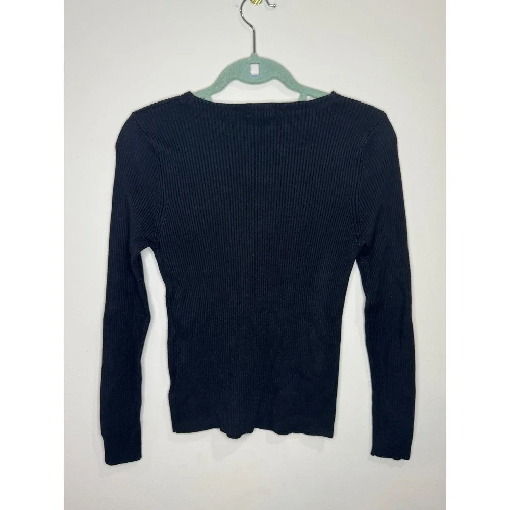 Celine Ribbed Long Sleeve Top Sweater Sz S Black Embroidered Logo Cotton Wool